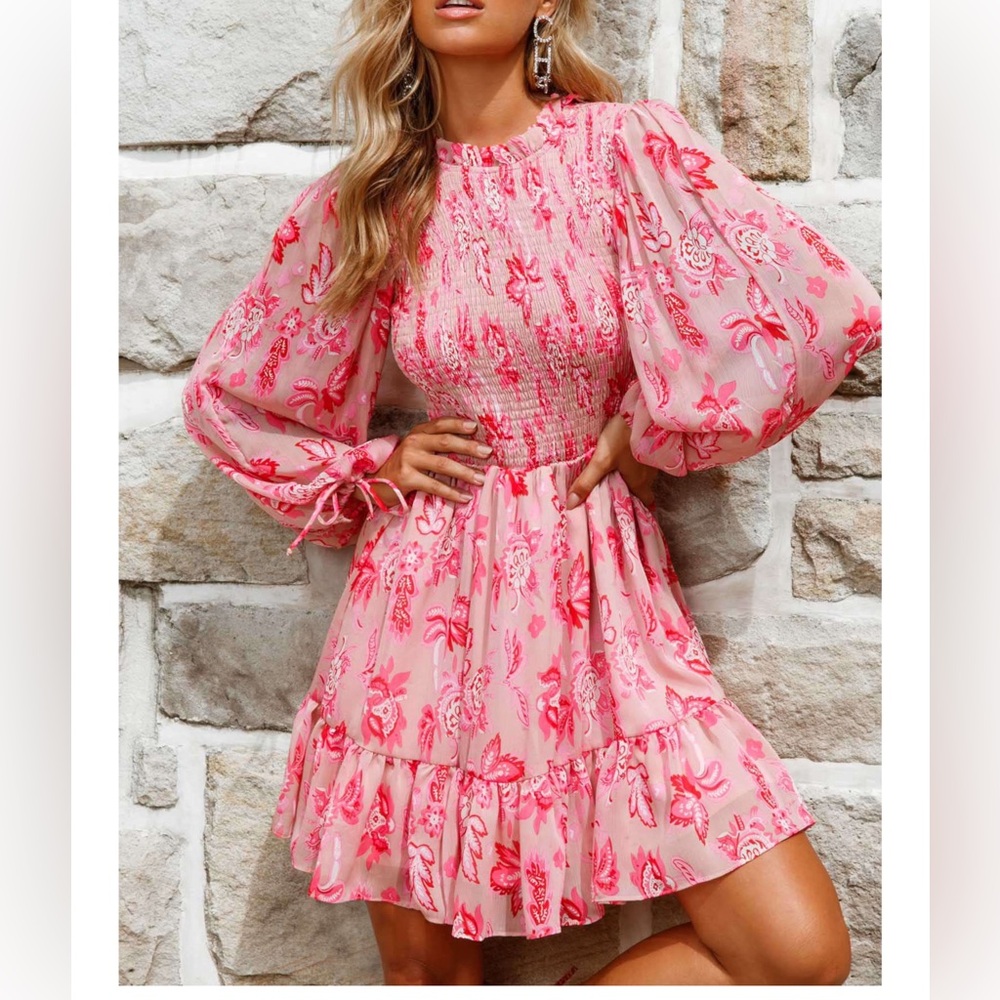 New! Marks Long Balloon Sleeve Shirred Dress Floral Print Pink